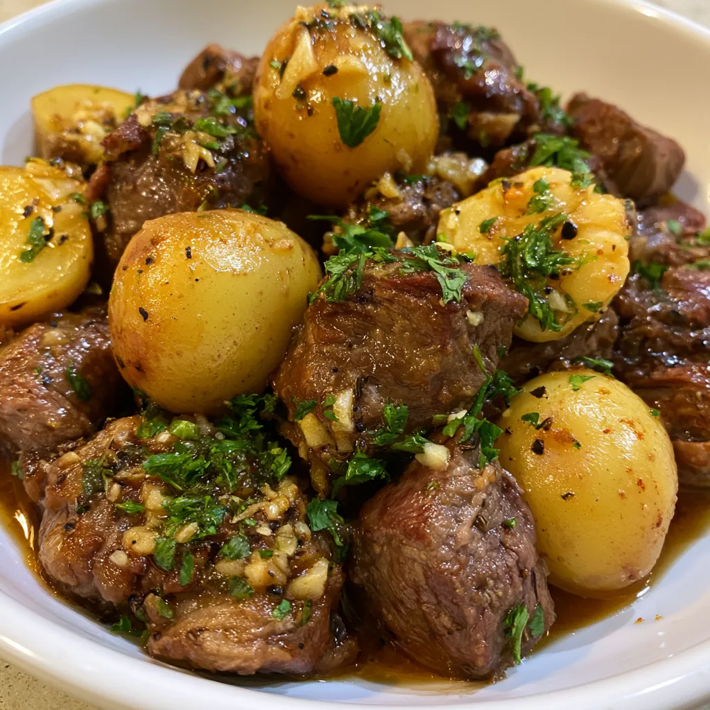 slow cooker garlic butter beef bites with potatoes