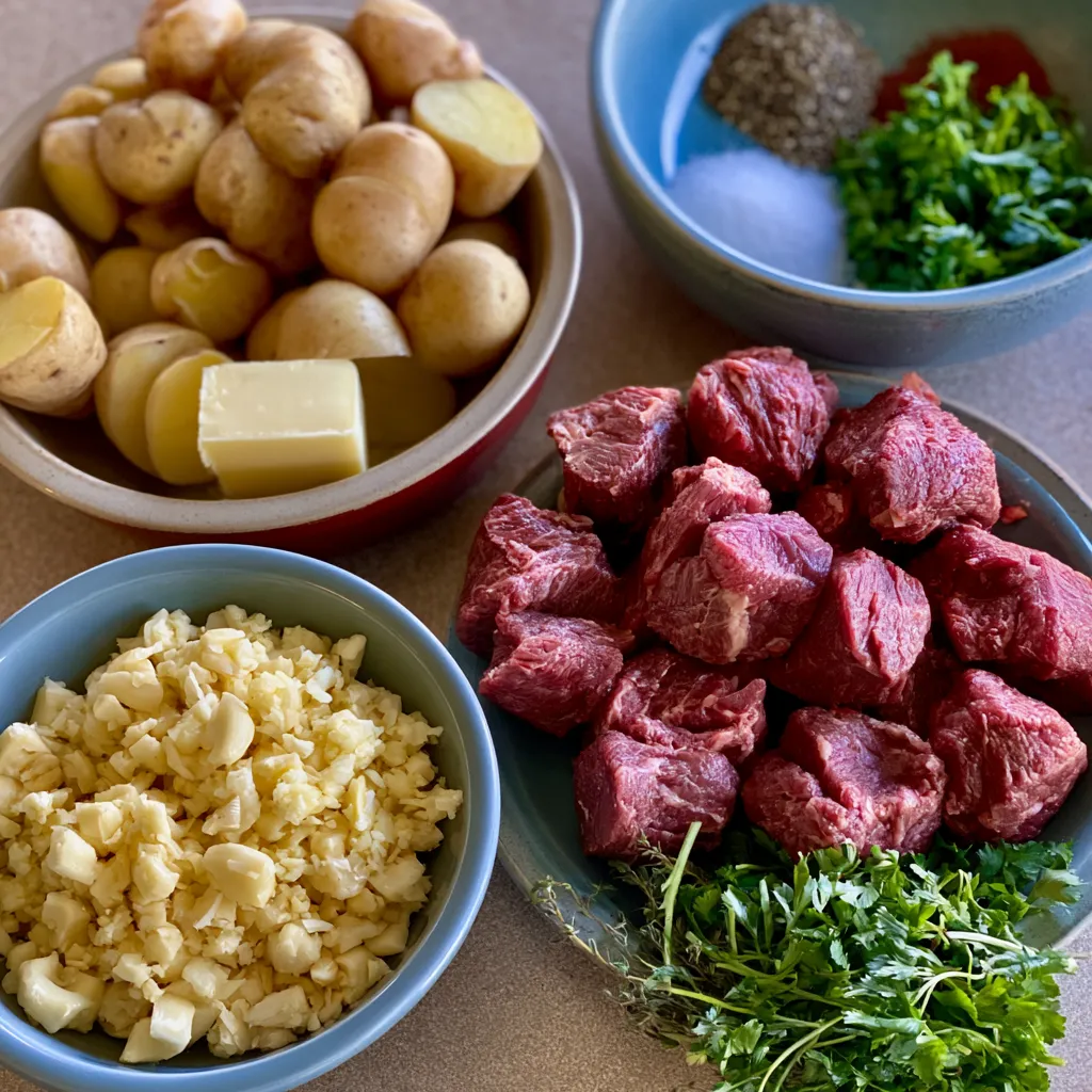 slow cooker garlic butter beef bites with potatoes