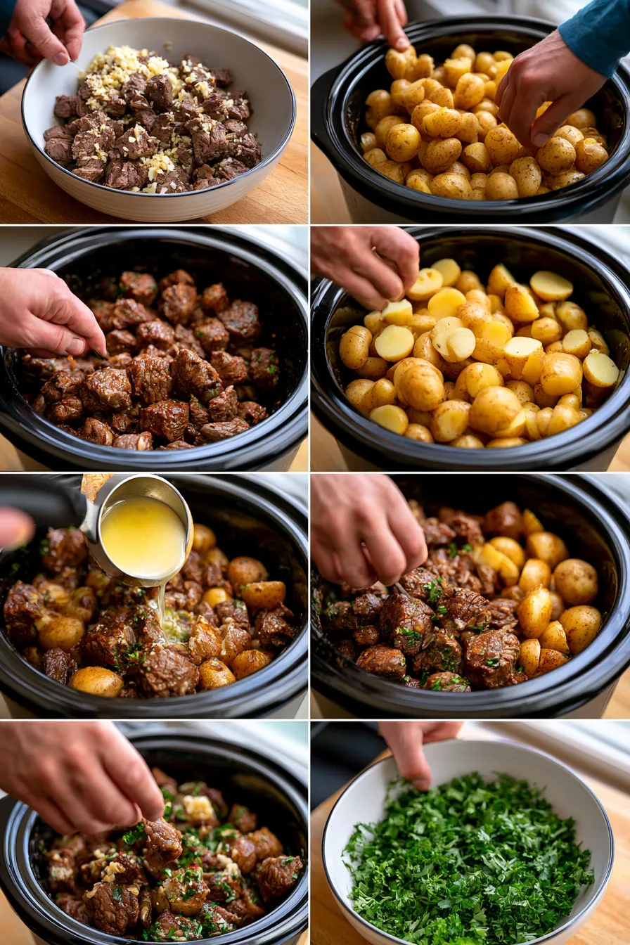 slow cooker garlic butter beef bites with potatoes