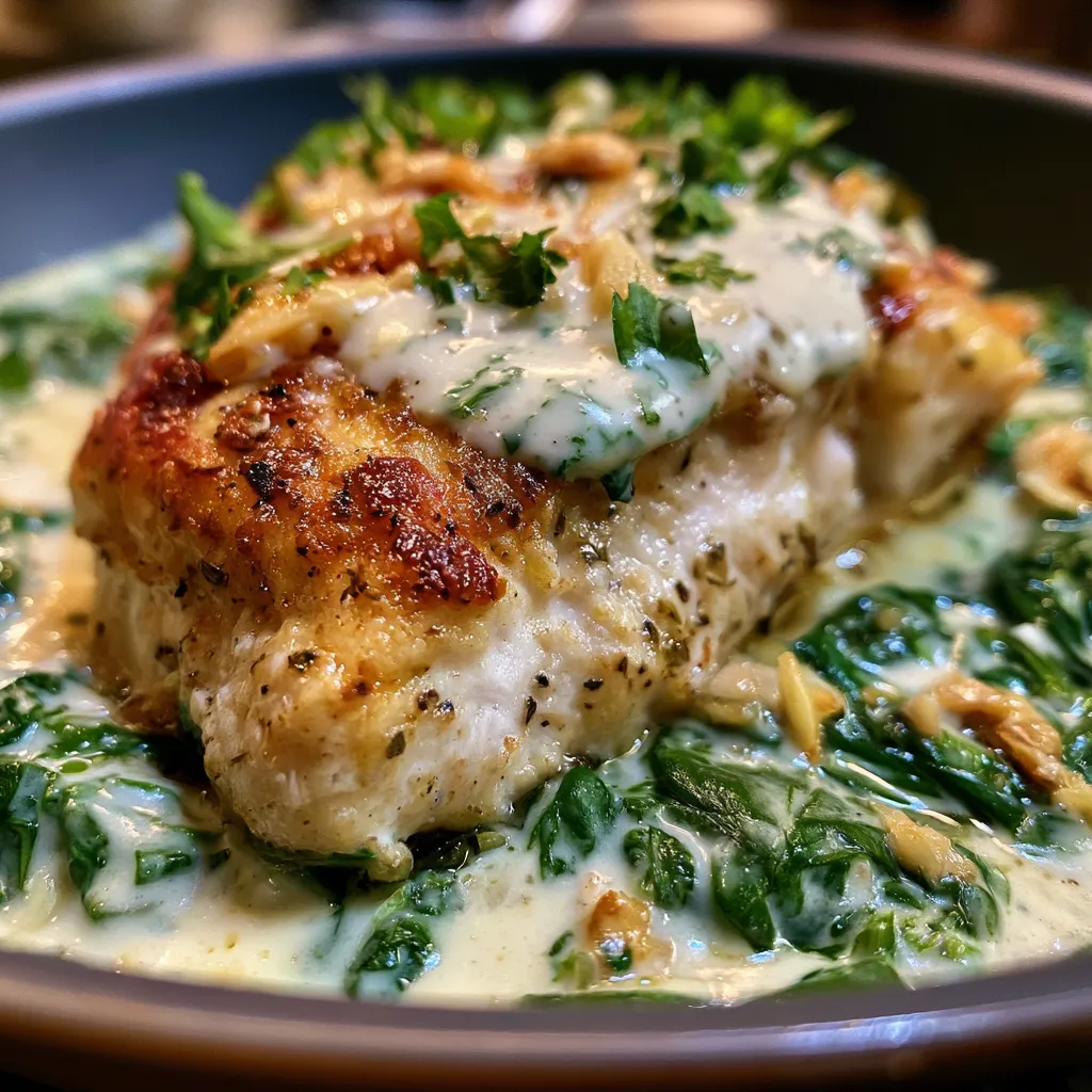 chicken dinner with garlic spinach cream sauce