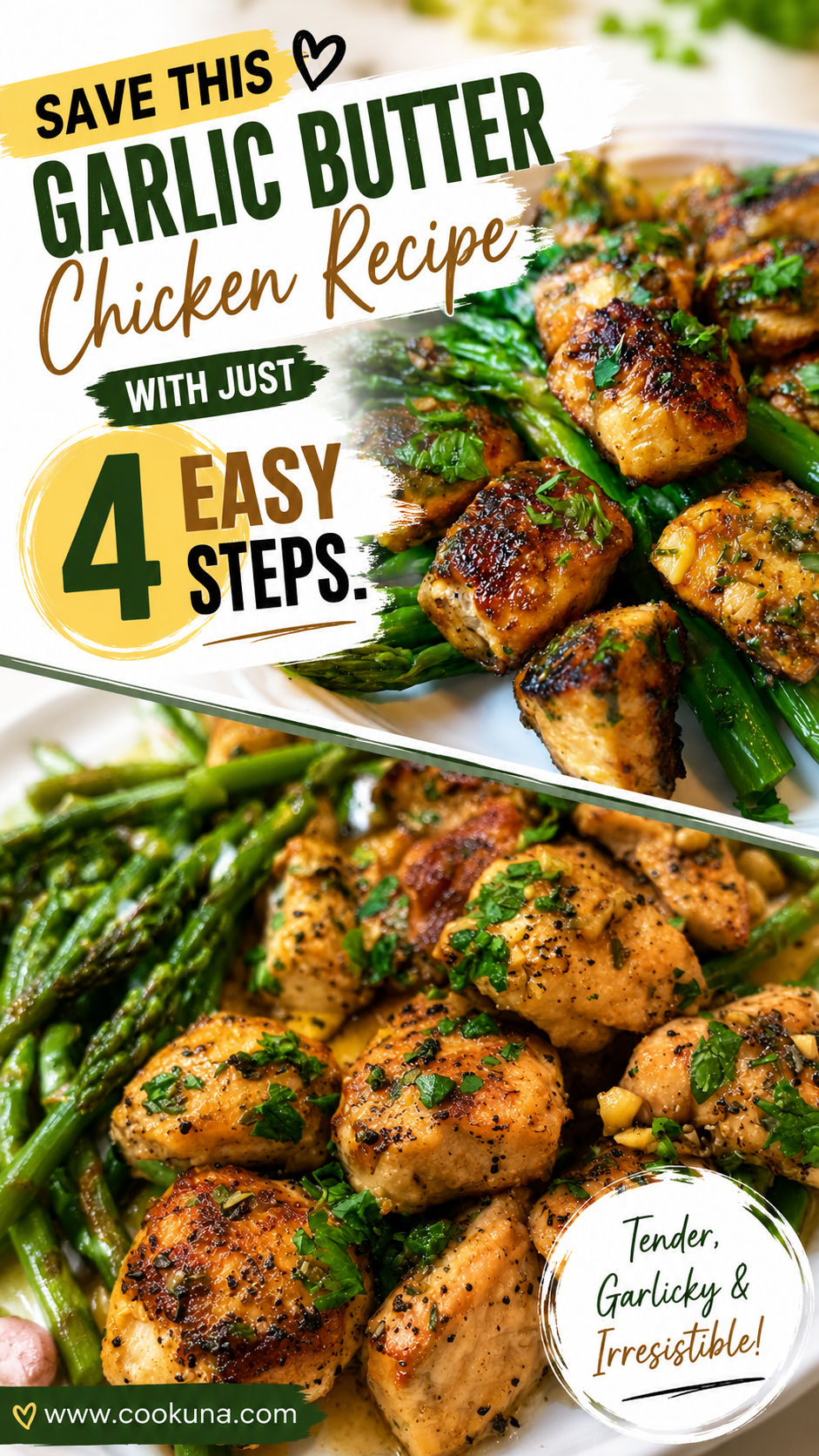 garlic butter chicken bites and asparagus