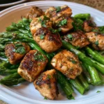garlic butter chicken bites and asparagus