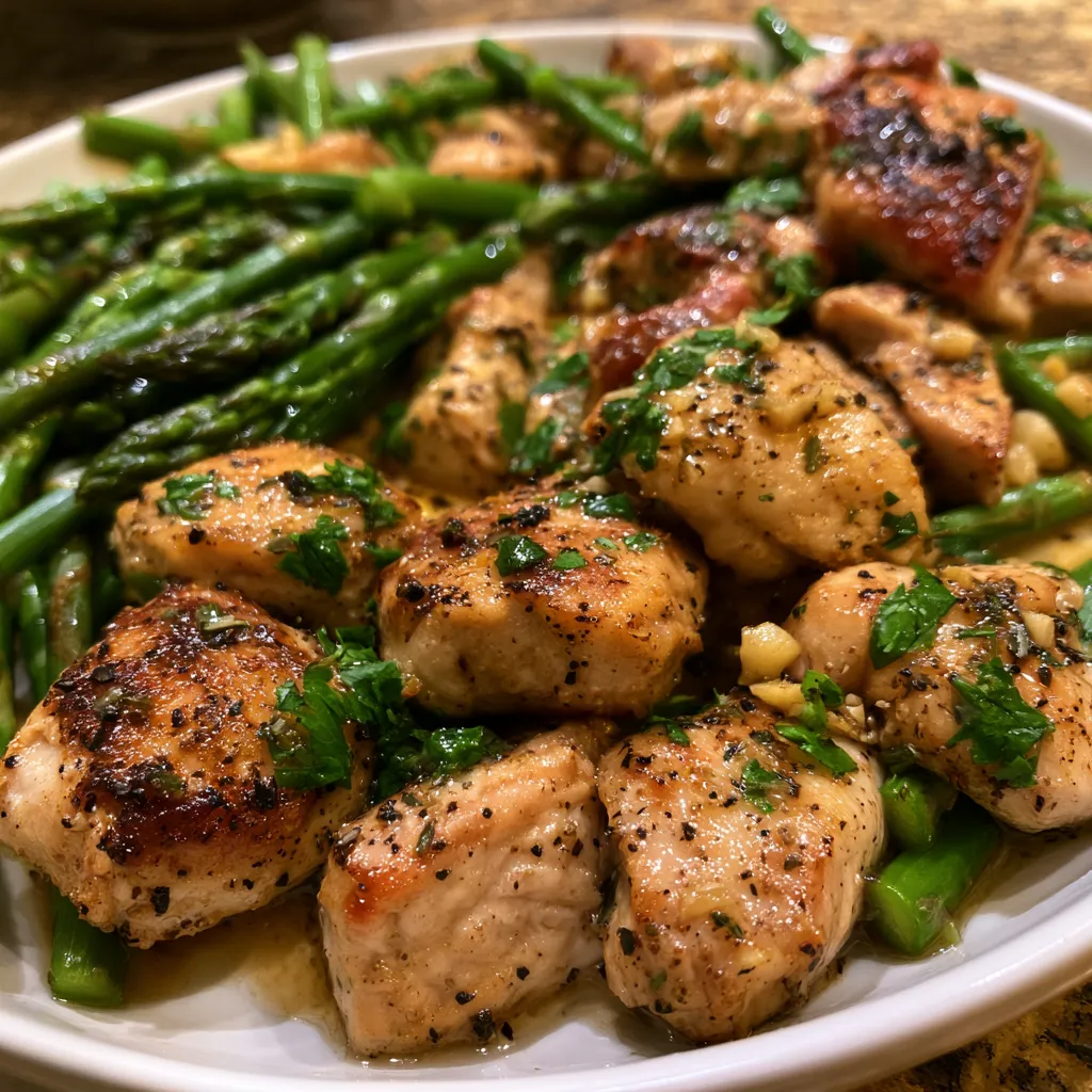garlic butter chicken bites and asparagus