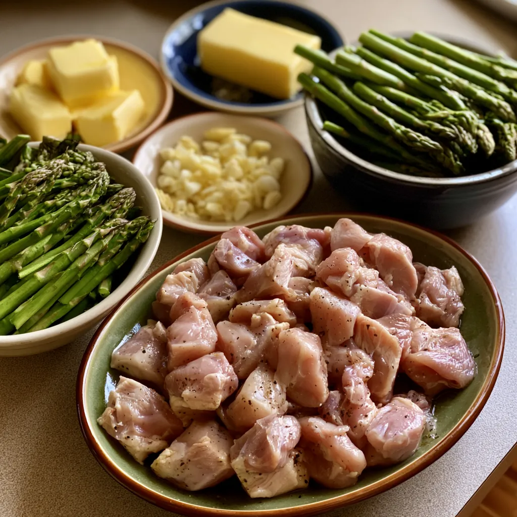 garlic butter chicken bites and asparagus