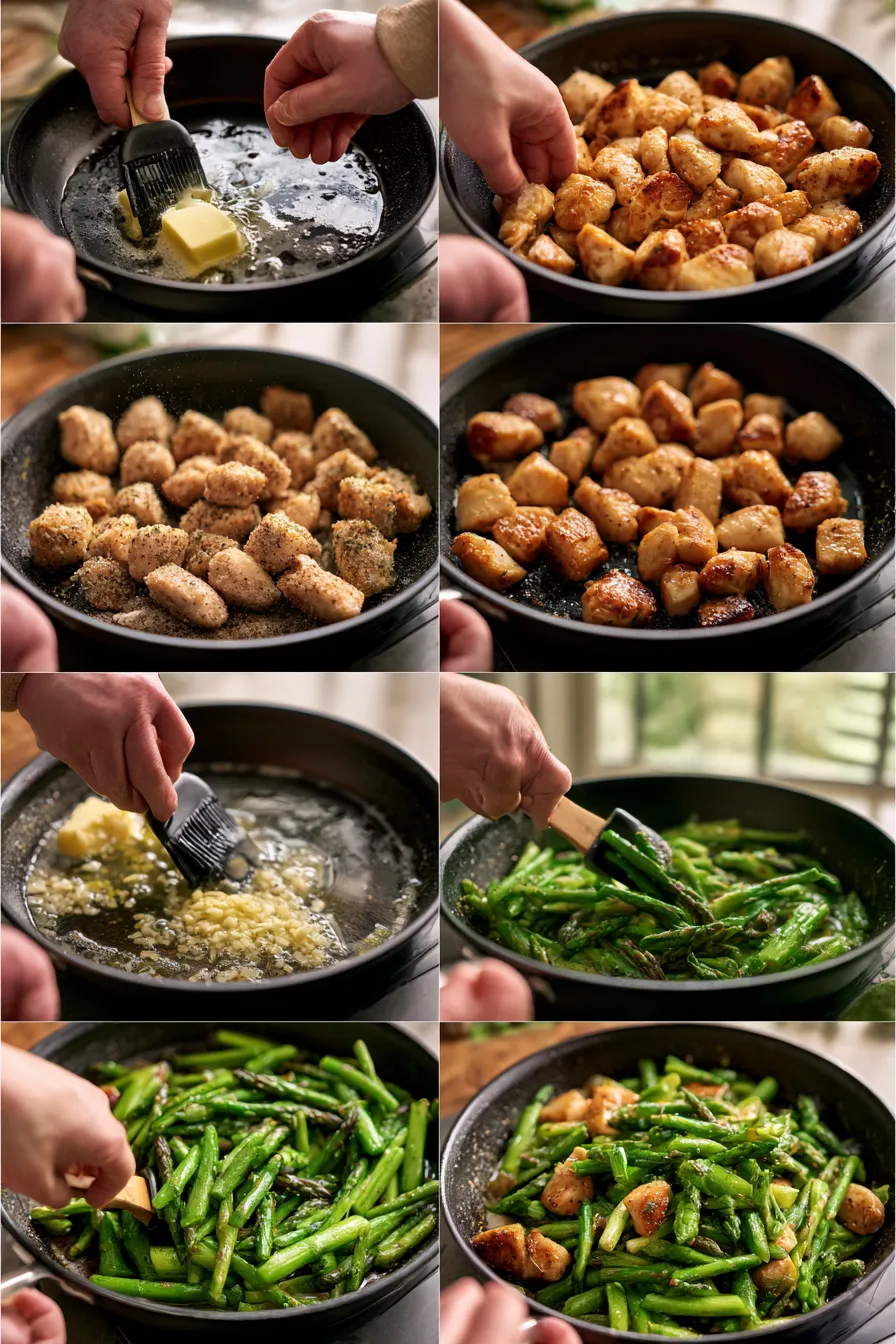 garlic butter chicken bites and asparagus