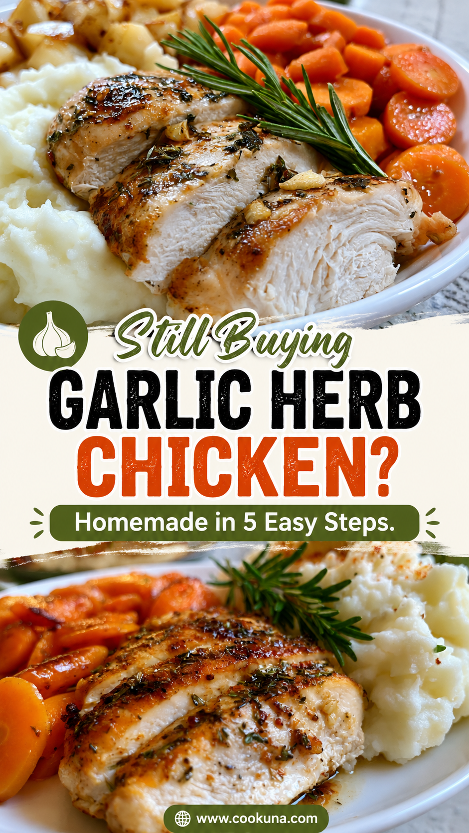 garlic herb chicken with mashed potatoes and glazed carrots