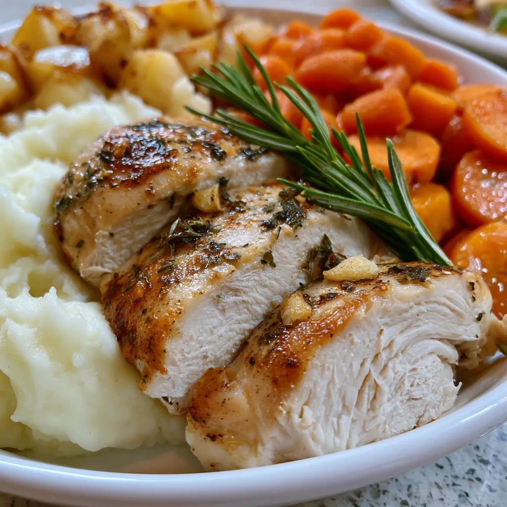 garlic herb chicken with mashed potatoes and glazed carrots