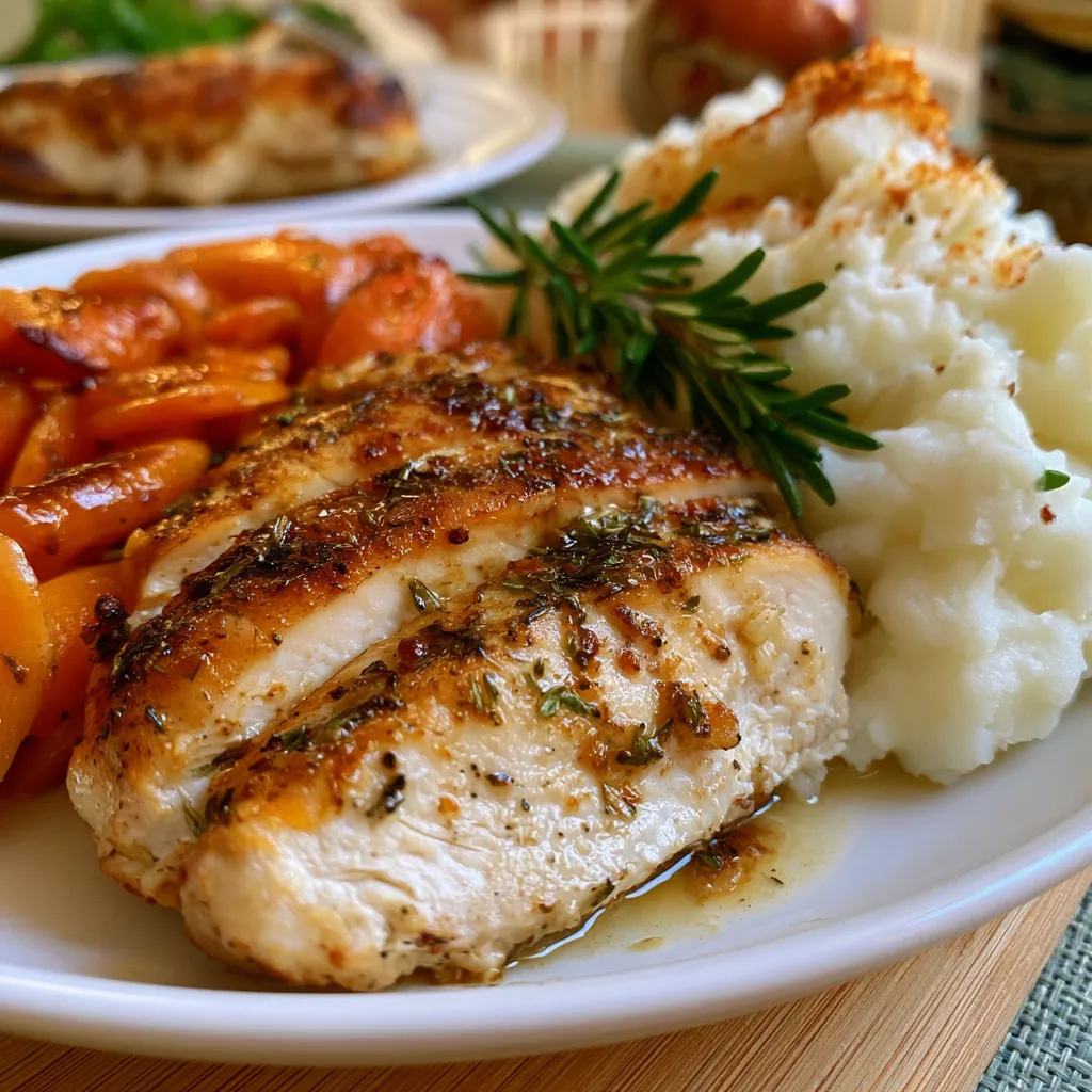 garlic herb chicken with mashed potatoes and glazed carrots