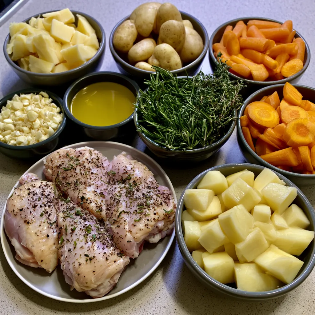 garlic herb chicken with mashed potatoes and glazed carrots
