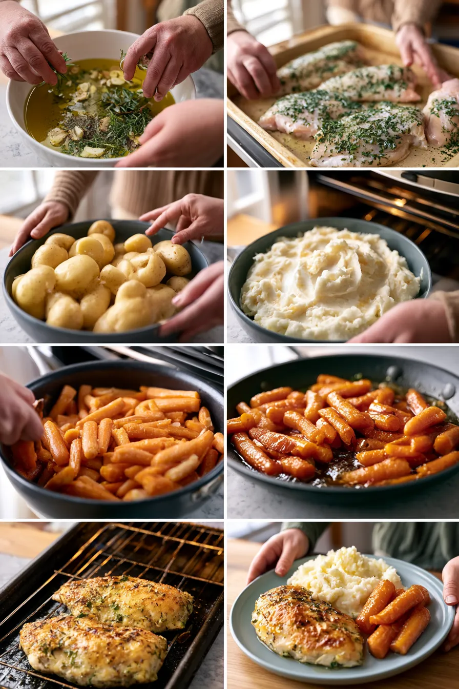 garlic herb chicken with mashed potatoes and glazed carrots