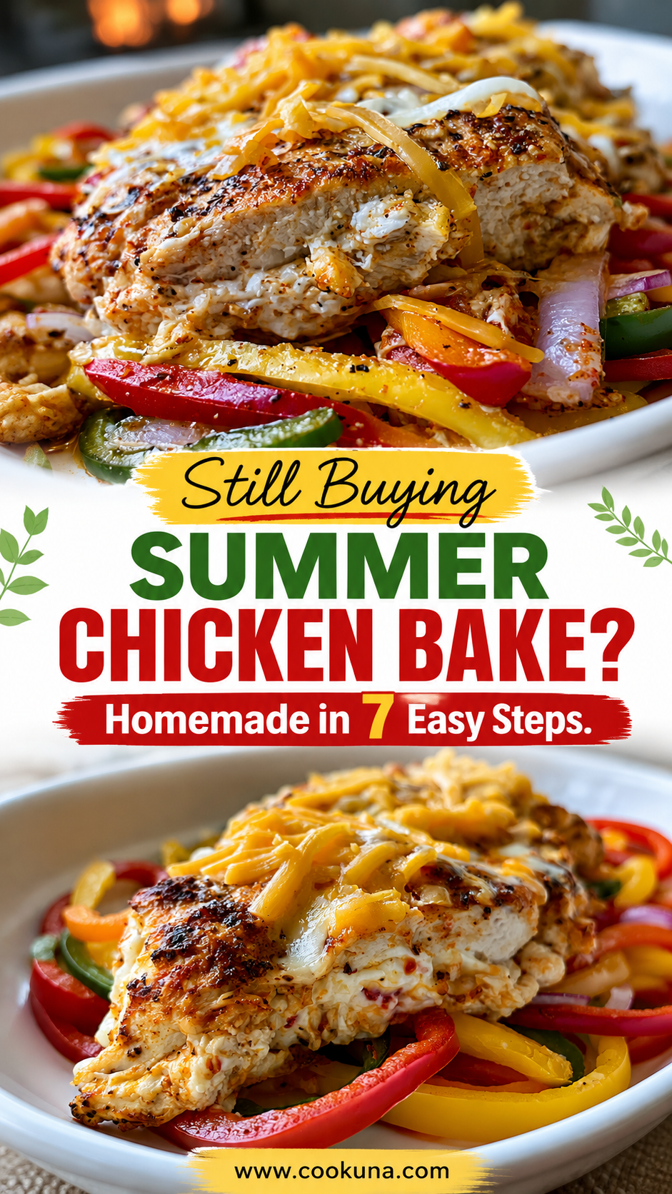 summer chicken bake with bell peppers, cajun seasoning, cream cheese, and cheddar