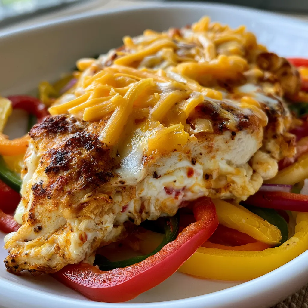 summer chicken bake with bell peppers, cajun seasoning, cream cheese, and cheddar