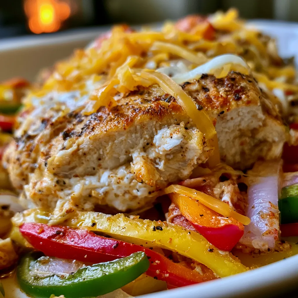 summer chicken bake with bell peppers, cajun seasoning, cream cheese, and cheddar