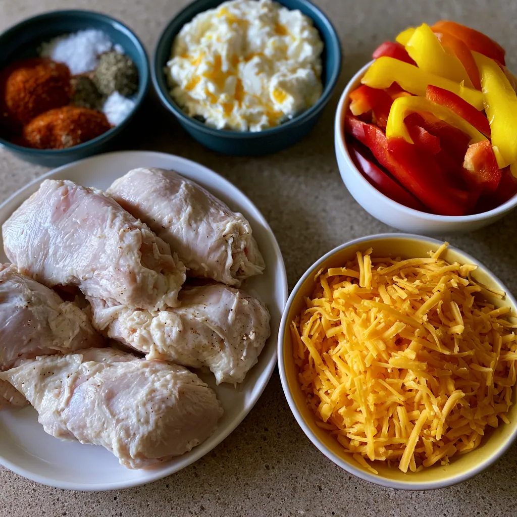 summer chicken bake with bell peppers, cajun seasoning, cream cheese, and cheddar
