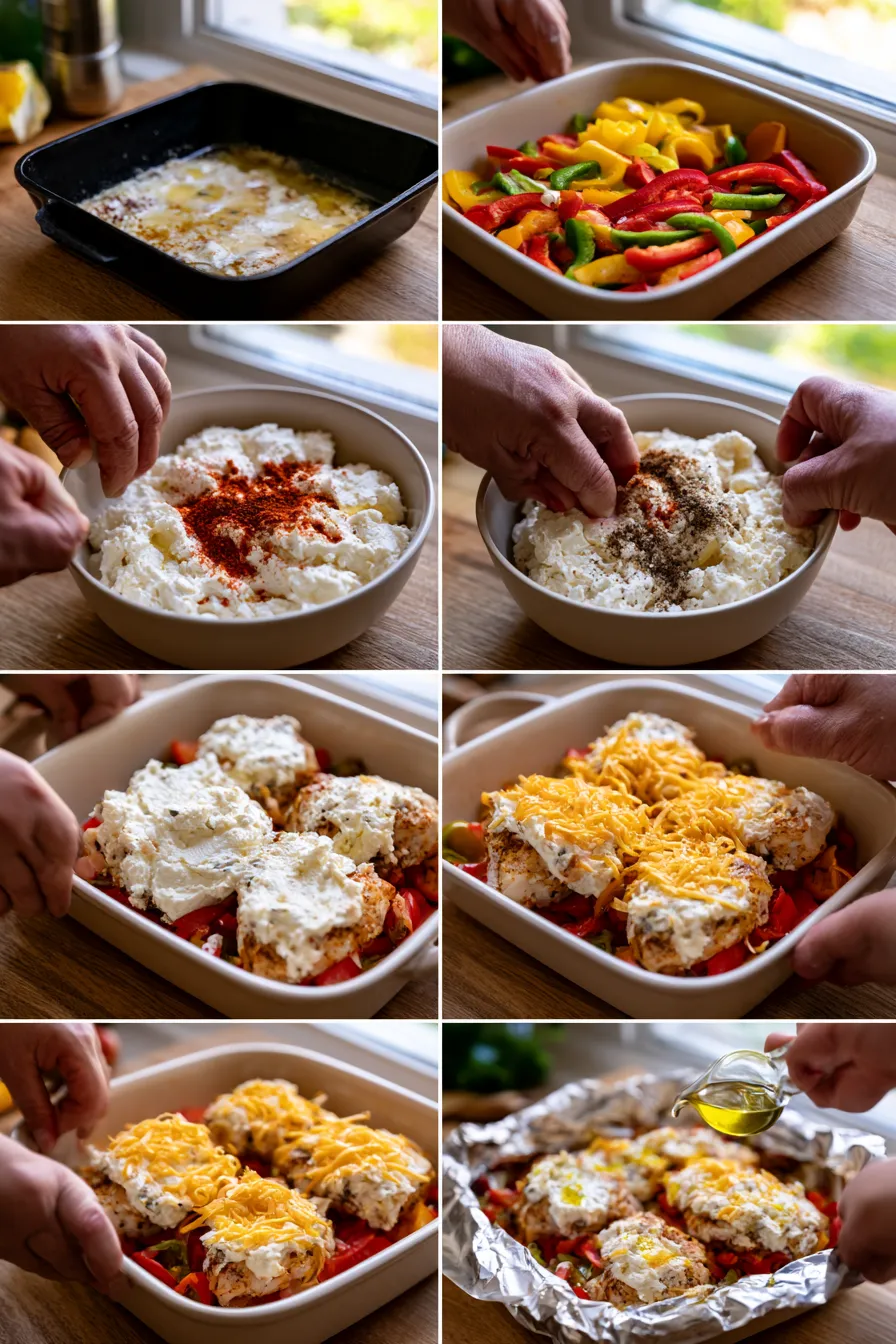 summer chicken bake with bell peppers, cajun seasoning, cream cheese, and cheddar